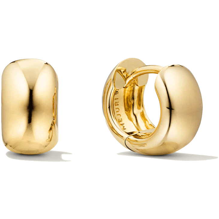 Gold huggie hoop earrings on a white background